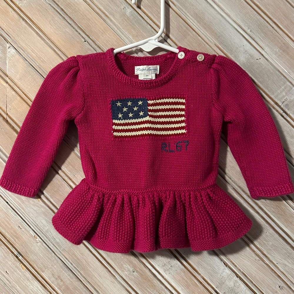 Ralph Lauren Baby Pink Knit American Flag Woven Girly Retro Sweater Top